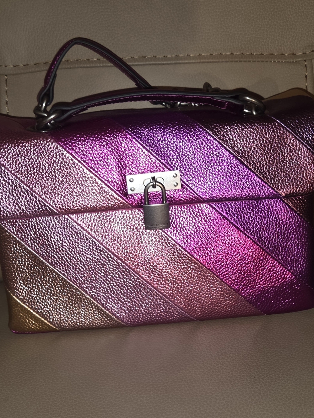 Kurt Geiger Brixton Leather Shoulder Bag Pink Rainbow Metallic Finish